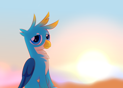 Size: 1830x1321 | Tagged: safe, artist:lanlanlc, derpibooru exclusive, gallus, griffon, g4, folded wings, male, morning, sunlight, sunrise, wings