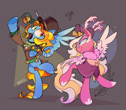 Size: 3598x3147 | Tagged: safe, artist:singingsun, oc, oc only, oc:singing sun, pegasus, pony, abstract background, bell, clothes, duo, duo female, female, full body, hat, looking at each other, looking at someone, pegasus oc, spread wings, tail, wavy hair, wavy mane, wavy tail, white wings, wings