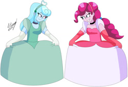 Size: 1280x869 | Tagged: safe, artist:denisseguadiana, pinkie pie, oc, oc:jemimasparkle, human, equestria girls, g4, alternate hairstyle, breasts, busty pinkie pie, canon x oc, choker, cinderella, clothes, curtsey, cute, diapinkes, dress, duo, female, gown, grin, hairband, lesbian, looking at each other, looking at someone, poofy shoulders, simple background, smiling, smiling at each other, white background