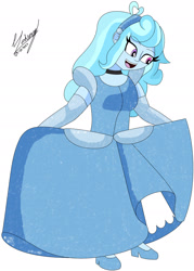 Size: 1280x1784 | Tagged: safe, artist:denisseguadiana, oc, oc only, oc:jemimasparkle, human, equestria girls, g4, breasts, choker, cinderella, clothes, curtsey, cute, dress, evening gloves, female, glass slipper (footwear), gloves, gown, hairband, long gloves, open mouth, open smile, petticoat, poofy shoulders, simple background, smiling, solo, white background