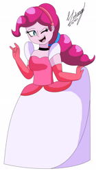 Size: 1280x2278 | Tagged: safe, artist:denisseguadiana, pinkie pie, human, equestria girls, g4, alternate hairstyle, breasts, busty pinkie pie, choker, cinderella, clothes, curtsey, cute, diapinkes, dress, evening gloves, female, gloves, gown, hairband, long gloves, looking at you, one eye closed, open mouth, open smile, poofy shoulders, simple background, smiling, smiling at you, solo, white background, wink
