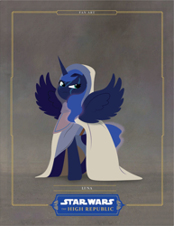Size: 2550x3300 | Tagged: safe, artist:prixy05, princess luna, alicorn, pony, g4, clothes, cultist, face paint, female, hood, lineless, mare, path of the open hand, solo, spread wings, standing, star wars, star wars: the high republic, wings