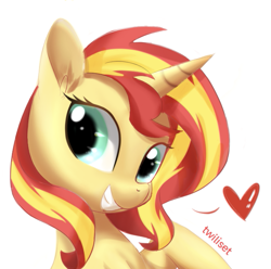 Size: 647x641 | Tagged: safe, artist:twiliset, sunset shimmer, pony, unicorn, equestria girls, g4, cute, floating heart, gritted teeth, happy, heart, horn, looking at you, simple background, solo, teeth, white background
