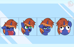 Size: 3600x2324 | Tagged: safe, artist:joaothejohn, oc, oc:vine patch, pony, unicorn, blushing, bruh, commission, cute, emoji, emotes, expressions, heart, horn, lidded eyes, male, multicolored hair, open mouth, poggers, shy, smiling, solo, unicorn oc, ych result