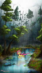 Size: 2811x4859 | Tagged: safe, artist:user-fox, fluttershy, bird, pegasus, pony, g4, cloud, cloudy, cute, eyes open, female, floppy ears, flower, forest, grass, mare, nature, open mouth, open smile, river, scenery, smiling, solo, spread wings, tree, water, wings