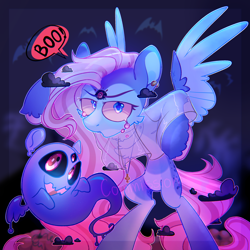 Size: 3000x3000 | Tagged: safe, artist:singingsun, oc, oc only, ghost, pegasus, pony, undead, clothes, costume, duo, ear piercing, earring, female, halloween, halloween costume, holiday, jewelry, night, pegasus oc, piercing, scaring