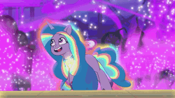Size: 1280x720 | Tagged: safe, screencap, izzy moonbow, pony, unicorn, g5, my little pony: tell your tale, the blockywockys, spoiler:g5, spoiler:my little pony: tell your tale, spoiler:tyts02e00, absurd file size, absurd gif size, amusement park, animated, boardtrot, creation, cute, female, floating, gif, happy, horn, izzy rainbow, izzybetes, jewelry, magic, mare, necklace, nova charm, open mouth, open smile, smiling