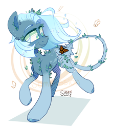 Size: 2138x2420 | Tagged: safe, artist:singingsun, oc, oc only, butterfly, pony, abstract background, female, leaves, leaves in hair, raised hoof, running, simple background, solo, white background