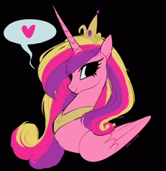 Size: 1987x2048 | Tagged: safe, artist:petaltwinkle, princess cadance, alicorn, pony, g4, black background, colored sketch, crown, curly mane, eyelashes, female, folded wings, horn, jewelry, long horn, long mane, looking back, mare, multicolored mane, no catchlights, peytral, pink coat, regalia, simple background, sketch, smiling, solo, speech bubble, spoken heart, tiara, unicorn horn, wings