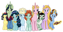 Size: 1889x958 | Tagged: safe, artist:dazzle, earth pony, pony, unicorn, zebra, g4, accessory, belle, book, cinderella, clothes, disney princess, ear piercing, earring, g4 style, gloves, group, hanfu, height difference, horn, jasmine, jewelry, magic, merida, mulan, physique difference, piercing, ponified, rapunzel, simple background, sleeping beauty, slender, snow white, species swap, tall, telekinesis, thin, tiana, transparent background