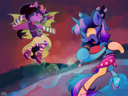 Size: 4667x3500 | Tagged: safe, artist:singingsun, oc, oc only, pony, unicorn, clothes, collaboration, dress, duo, duo female, female, flying, horn, microphone, rainbow rocks outfit, singing, standing on two hooves, unicorn oc