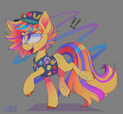 Size: 2807x2606 | Tagged: safe, artist:singingsun, oc, oc only, earth pony, pony, abstract background, cap, clothes, female, full body, hat, raised hoof, solo