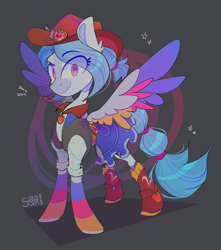 Size: 2548x2876 | Tagged: safe, artist:singingsun, oc, oc only, oc:colour musick, pegasus, pony, abstract background, clothes, female, full body, gray background, hat, pegasus oc, simple background, skirt, solo