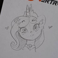 Size: 1208x1208 | Tagged: safe, artist:krista-21, princess cadance, alicorn, pony, g4, blushing, bust, crown, eye clipping through hair, eyebrows, eyebrows visible through hair, heart, horn, jewelry, looking at you, necklace, portrait, regalia, sketch, smiling, smiling at you, solo, traditional art