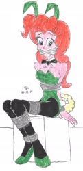 Size: 1004x2068 | Tagged: safe, artist:godzilla713, pinkie pie, human, equestria girls, g4, bondage, bunny ears, bunny suit, cleave gag, cloth gag, clothes, female, gag, rope, rope bondage, simple background, sitting, solo, tied up, traditional art, white background