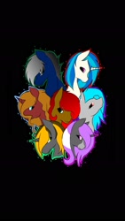 Size: 1080x1920 | Tagged: safe, dj pon-3, vinyl scratch, oc, oc:dawn, oc:harmony, oc:lunar eclipse, oc:midnight, oc:nettle kiss, oc:nova, g4, black background, family photo, lockscreen, simple background