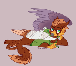 Size: 2300x2000 | Tagged: safe, artist:bishopony, oc, oc only, oc:pavlos, griffon, bandage, beak, bored, broken bone, broken wing, cast, cheek fluff, claws, clothes, colored wings, commission, eared griffon, griffon oc, hand on cheek, hoodie, injured, lying down, male, non-pony oc, simple background, sling, solo, tail, wings