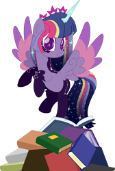Size: 1316x1958 | Tagged: safe, artist:pure-blue-heart, oc, oc only, oc:affinity, alicorn, alicorn oc, book, crown, female, horn, jewelry, kinsona, mare, not twilight sparkle, pile of books, regalia, simple background, sparkles, spread wings, transparent background, twilight sparkle kinsona, watermark, wings
