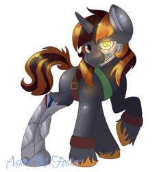 Size: 889x960 | Tagged: safe, artist:ashermfoster, oc, oc:nettle kiss, android, pony, robot, clothes, gore, looking at you, robotic eyes, robotic legs, shading, solo, uniform, unshorn fetlocks
