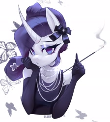 Size: 1832x2048 | Tagged: safe, artist:u_lu_lu, rarity, butterfly, unicorn, anthro, g4, abstract background, bust, cigarette, cigarette holder, clothes, dress, evening gloves, female, gloves, horn, jewelry, long gloves, looking at you, necklace, no pupils, smoking, solo