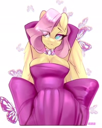 Size: 1631x2048 | Tagged: safe, artist:u_lu_lu, fluttershy, butterfly, pegasus, anthro, g4, abstract background, armpits, beautisexy, big breasts, breasts, busty fluttershy, cleavage, clothes, dress, evening gloves, female, gloves, jewelry, long gloves, looking at you, marilyn monroe, necklace, solo