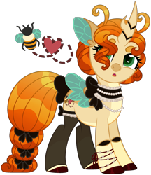 Size: 2184x2525 | Tagged: safe, artist:strawberry-spritz, oc, oc only, bee pony, changepony, hybrid, original species, bow, choker, clothes, female, interspecies offspring, magical lesbian spawn, mare, offspring, parent:fluttershy, parent:queen chrysalis, parents:chrysashy, simple background, socks, solo, tail, tail bow, transparent background