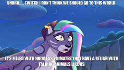 Size: 1136x640 | Tagged: safe, edit, edited screencap, screencap, allura, big cat, leopard, snow leopard, g5, my little pony: tell your tale, the blockywockys, spoiler:g5, spoiler:my little pony: tell your tale, spoiler:tyts02e00, breaking the fourth wall, countershading, helix piercing, implied bestiality, implied porn, meme, she knows, winged big cat