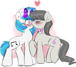 Size: 859x754 | Tagged: safe, artist:saltylenpai, dj pon-3, octavia melody, vinyl scratch, earth pony, pony, unicorn, g4, blushing, bowtie, concave belly, cute, duo, duo female, ear piercing, eyes closed, female, glasses, heart, horn, kiss on the lips, kissing, lesbian, mare, octavia's bowtie, piercing, raised hoof, raised leg, ship:scratchtavia, shipping, simple background, tail, vinyl's glasses, white background