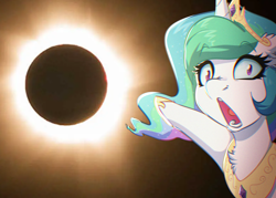 Size: 5591x4000 | Tagged: safe, artist:witchtaunter, princess celestia, alicorn, pony, g4, 2024 solar eclipse, absurd resolution, chest fluff, chromatic aberration, crown, ear fluff, eclipse, eyebrows, eyebrows visible through hair, faic, female, hoof shoes, jewelry, mare, meme, necklace, open mouth, peytral, pointing, princess shoes, regalia, shrunken pupils, solar eclipse, solo, soyjak, soyjaks pointing, wojak