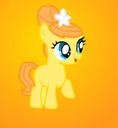 Size: 360x390 | Tagged: safe, artist:katiegirlsforever, oc, oc only, oc:orange bloom, earth pony, pony, g4, bow, cute, female, filly, flower, flower in hair, foal, gradient background, ocbetes, offspring, open mouth, open smile, orange background, orange hair, orange mane, orange tail, parent:aunt orange, parent:uncle orange, parents:the oranges, raised hoof, raised leg, smiling, solo, tail, teal eyes, yellow coat