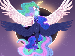 Size: 1600x1200 | Tagged: safe, artist:snowberry, princess celestia, princess luna, alicorn, pony, g4, 2024 solar eclipse, alicorn eclipse, belly, curved horn, duo, eclipse, ethereal mane, eyes closed, female, floppy ears, flying, front view, horn, luna eclipsing celestia, magic, mare, moon, realistic horse legs, royal sisters, siblings, sisters, sky, smiling, sparkles, spread wings, sun, wings