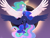 Size: 1600x1200 | Tagged: safe, artist:snowberry, princess celestia, princess luna, alicorn, pony, g4, 2024 solar eclipse, alicorn eclipse, belly, curved horn, duo, eclipse, ethereal mane, eyes closed, female, floppy ears, flying, front view, horn, luna eclipsing celestia, magic, mare, moon, realistic horse legs, royal sisters, siblings, sisters, sky, smiling, sparkles, spread wings, sun, wings