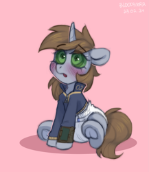 Size: 2233x2577 | Tagged: safe, artist:bloodymrr, oc, oc only, oc:littlepip, pony, unicorn, fallout equestria, abdl, blushing, brown mane, clothes, commission, diaper, drawing, ears back, frog (hoof), hoofbutt, horn, hypno eyes, hypnosis, hypnotized, jacket, looking up, open mouth, pink background, simple background, sitting, solo, underhoof