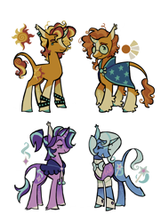 Size: 1300x1800 | Tagged: safe, artist:camo_ty, starlight glimmer, sunburst, sunset shimmer, trixie, pony, unicorn, g4, alternate color palette, alternate design, alternate eye color, alternate hair color, alternate hairstyle, alternate tail color, alternate tailstyle, blaze (coat marking), blue coat, blue eyes, blue mane, blue tail, blushing, bowtie, cape, cheek fluff, chin fluff, cloak, clothes, coat markings, colored eartips, colored eyebrows, colored hooves, colored horn, curly mane, curly tail, curved horn, detached sleeves, ear piercing, ear tufts, earring, eyebrows, facial markings, female, fetlock tuft, glasses, group, height difference, horn, jewelry, leg fluff, leonine tail, lidded eyes, looking at each other, looking at someone, looking back, male, mare, messy mane, messy tail, multicolored mane, multicolored tail, no catchlights, orange coat, orange mane, piercing, ponytail, profile, purple coat, quartet, raised eyebrow, raised hoof, raised leg, redesign, round glasses, shirt, short mane, short tail, signature, simple background, small horn, smiling, socks (coat markings), stallion, standing, star (coat marking), striped horn, studded bracelet, sunburst's cloak, tail, teal eyes, tied mane, two toned mane, two toned tail, unicorn beard, vest, wall of tags, white background