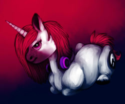 Size: 1200x1000 | Tagged: safe, artist:reamina, oc, oc only, oc:black dots, pony, unicorn, female, gradient background, horn, lying down, mare, prone, solo