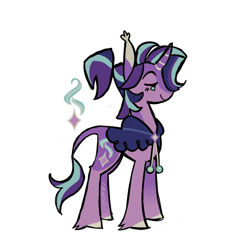 Size: 900x900 | Tagged: safe, artist:camo_ty, starlight glimmer, pony, unicorn, g4, alternate design, alternate eye color, alternate hairstyle, alternate tailstyle, blaze (coat marking), blushing, cape, clothes, coat markings, colored eartips, colored hooves, colored horn, curved horn, ear tufts, eyebrows, facial markings, female, fetlock tuft, horn, leonine tail, lidded eyes, mare, ponytail, profile, purple coat, raised eyebrow, signature, simple background, smiling, solo, standing, striped horn, tail, teal eyes, tied mane, two toned mane, two toned tail, white background
