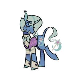 Size: 900x900 | Tagged: safe, artist:camo_ty, trixie, pony, unicorn, g4, alternate design, alternate hairstyle, alternate tailstyle, blue coat, blue mane, blue tail, blushing, bowtie, clothes, coat markings, colored eartips, colored hooves, colored horn, curved horn, detached sleeves, ear tufts, eyelashes, facial markings, female, horn, leonine tail, lidded eyes, mare, purple eyes, raised eyebrows, raised leg, redesign, shirt, short mane, short tail, signature, simple background, smiling, solo, star (coat marking), striped horn, tail, turned head, vest, wavy mane, wavy tail, white background