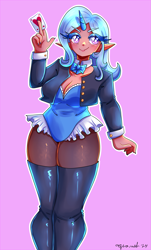 Size: 2275x3767 | Tagged: safe, artist:mylittleyuri, trixie, human, g4, blushing, boots, bowtie, card, clothes, corset, cute, diatrixes, elf ears, eyeshadow, female, fishnet stockings, heart, heart eyes, horn, horned humanization, humanized, jacket, leather, leather jacket, makeup, nail polish, pink background, playing card, shoes, simple background, solo, stockings, thigh boots, thigh highs, wingding eyes