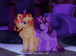 Size: 1280x942 | Tagged: safe, artist:castaspellliana, sunset shimmer, twilight sparkle, alicorn, pony, g4, alicornified, alternate universe, chest fluff, duo, duo female, duskdawn au, ear fluff, female, hug, mare, race swap, shimmercorn, siblings, side hug, sisters, sitting, story included, subtitles, twilight sparkle (alicorn), winghug, wings