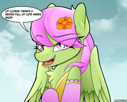 Size: 2100x1677 | Tagged: safe, artist:andaluce, merry may, pegasus, g4, bronybait, chest fluff, clothes, cloud, dress, eyebrows, eyebrows visible through hair, female, flower, flower in hair, looking at you, mare, partially open wings, socks, solo, speech bubble, talking to viewer, wings