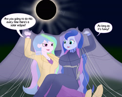 Size: 2850x2280 | Tagged: safe, artist:phallen1, princess celestia, princess luna, principal celestia, vice principal luna, human, equestria girls, g4, clothes, covering, dialogue, eclipse, female, jumpsuit, parachute, pun, sitting on lap, sitting on person, skydiver, solar eclipse, sun, visual pun