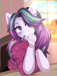 Size: 768x1024 | Tagged: safe, artist:peanutfrogy, starlight glimmer, human, anthro, equestria girls, g4, chair, classroom, clothes, crepuscular rays, cute, desk, ear piercing, earring, explosion, female, glimmerbetes, hair over one eye, humanized, imminent death, impending doom, jewelry, meme, pen, pen in mouth, piercing, ponied up, scary, schoolgirl, shirt, star explosion, sun explision, sunlight, thinking, this is fine, vulgar description, window