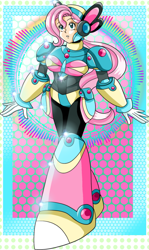 Size: 1139x1916 | Tagged: safe, artist:rockmangurlx, fluttershy, gynoid, human, robot, g4, abstract background, armor, crossover, female, humanized, mega man (series), megaman x, ponytail, reploid, solo, species swap