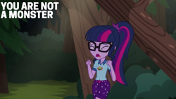 Size: 2000x1125 | Tagged: safe, edit, edited screencap, editor:quoterific, screencap, sci-twi, twilight sparkle, equestria girls, g4, my little pony equestria girls: legend of everfree, forest, nature, solo, tree