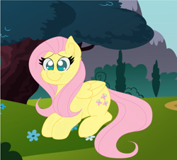 Size: 2297x2066 | Tagged: safe, artist:cinematic-fawn, fluttershy, pegasus, pony, g4, cheek fluff, female, folded wings, high res, lying down, mare, no pupils, outdoors, prone, screencap background, smiling, solo, three quarter view, wings