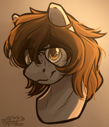Size: 3100x3600 | Tagged: safe, artist:stardustspix, oc, oc only, oc:stitched laces, earth pony, pony, bust, eye clipping through hair, eyebrows, eyebrows visible through hair, freckles, glasses, gradient background, high res, male, portrait, solo, stallion, sternocleidomastoid