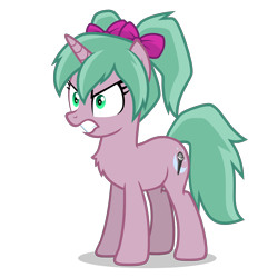 Size: 2800x2800 | Tagged: safe, artist:oblivionfall, oc, oc only, oc:magicalmysticva, unicorn, g4, angry, bow, chest fluff, female, green eyes, gritted teeth, hair bow, horn, mare, pigtails, pink body, simple background, solo, teeth, transparent background, twintails, vector