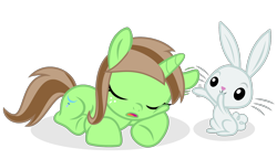 Size: 1920x1106 | Tagged: safe, artist:grapefruit-face, angel bunny, oc, oc:limey lulamoon, pony, rabbit, unicorn, g4, animal, duo, eyes closed, female, filly, floppy ears, foal, freckles, horn, open mouth, parents:canon x oc, playing, simple background, sleeping, transparent background