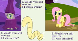 Size: 1920x1024 | Tagged: safe, artist:719418052, edit, edited screencap, screencap, fluttershy, pegasus, pony, worm, g4, amputee, costume, fluttertree, flutterworm, meme, one of these things is not like the others, prosthetic leg, prosthetic limb, prosthetics, text, tree costume
