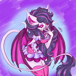 Size: 1920x1920 | Tagged: safe, artist:umbrapone, oc, oc:nightshine, bat pony, undead, vampire, anthro, anthro oc, bat pony oc, bat wings, clothes, dress, fangs, jewelry, laughing, lolita fashion, long hair, long tail, pendant, smug smile, socks, solo, tail, thigh highs, wings